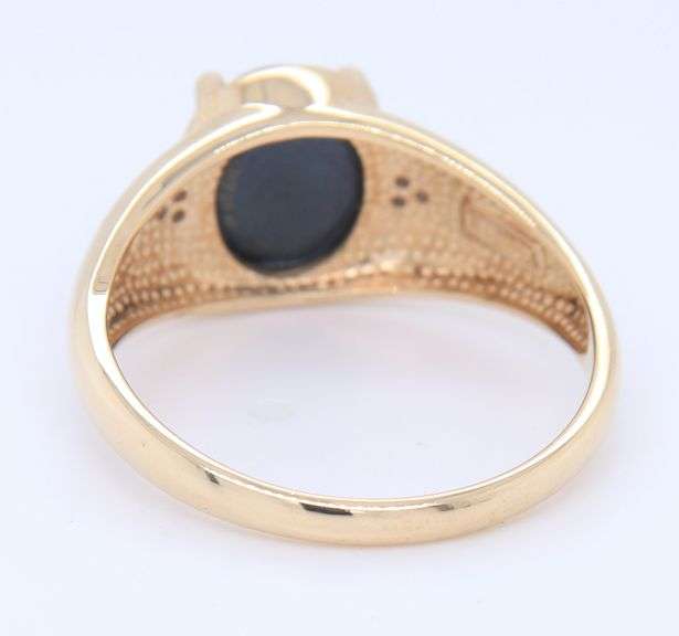 Handsome Yellow Gold Oval Synthetic Blue Star Sapphire and Diamond Accent Men's Ring