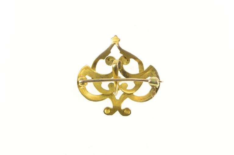 14K Yellow Gold Art Nouveau Swirl Diamond Watch Hanger Pin/Brooch