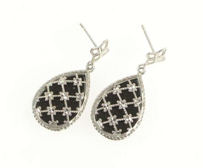 14K White Gold Pear Tear Drop Black Onyx Dangle Statement Earrings