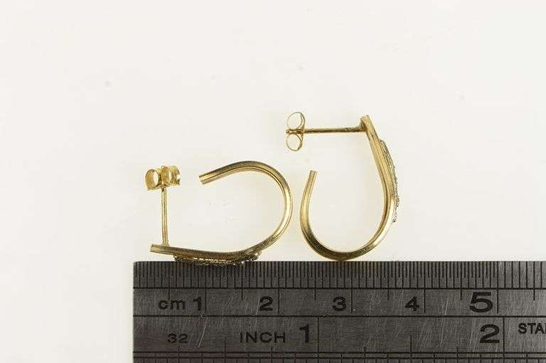 14K Yellow Gold Ornate Diamond Oval Semi Hoop Vintage Earrings