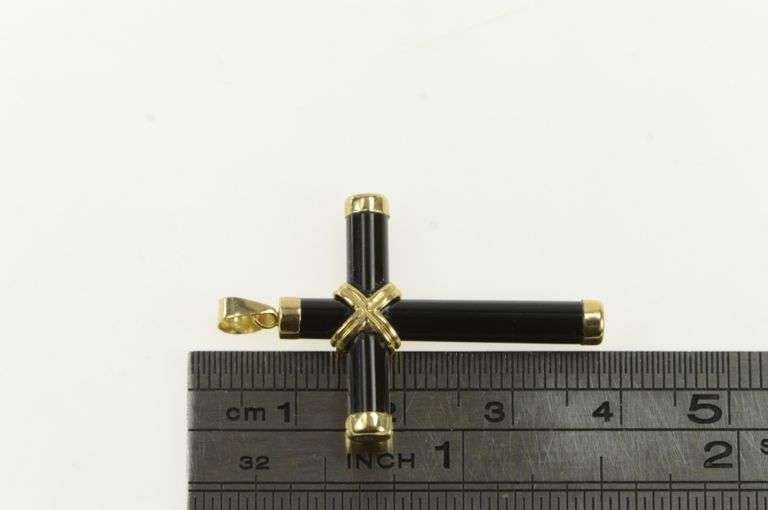 14K Yellow Gold Black Onyx Carved Cross Christian Faith Pendant