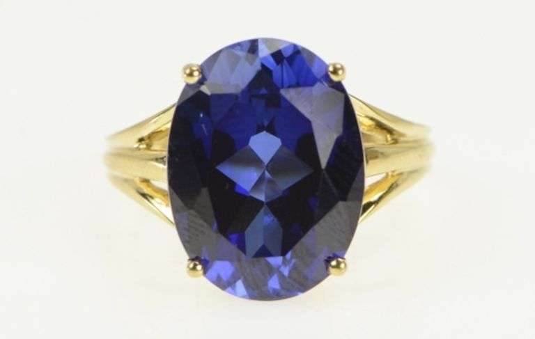 10K Yellow Gold Oval Syn. Sapphire Vintage Cocktail Statement Ring