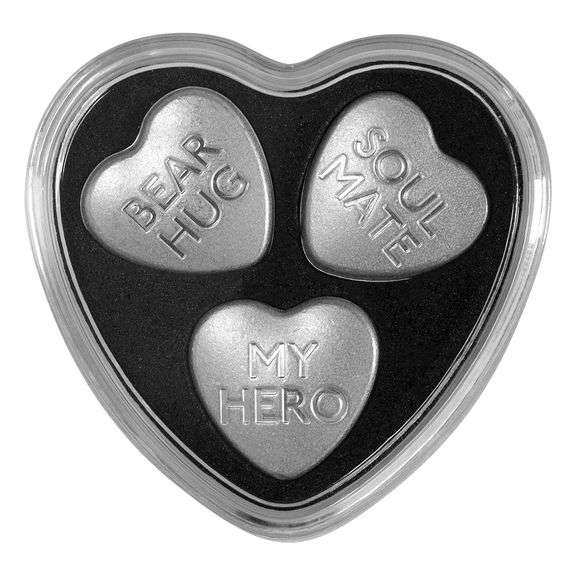 SWEETHEARTS CANDY PAMP SUISSE 3-HEART SET-30.0 GRAMS OF .9999 FINE SILVER