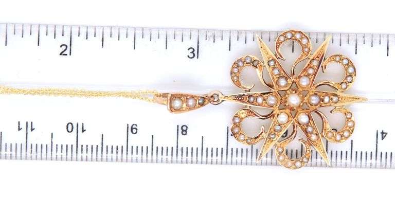 Antique Yellow Gold Pearl Star Pendant on Chain