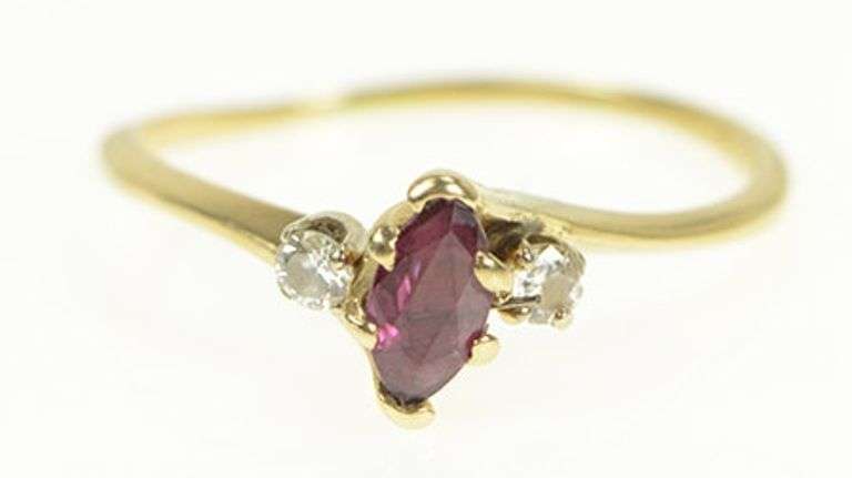 14K Yellow Gold Marquise Natural Ruby Diamond Accent Vintage Ring