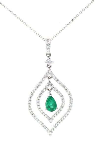Italian 0.40ct Pear Cut Emerald and 0.80ctw Diamond Pendant Necklace in 14K