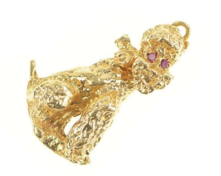14K Yellow Gold Retro 1960's Syn. Ruby Eyed Dog Poodle Charm/Pendant