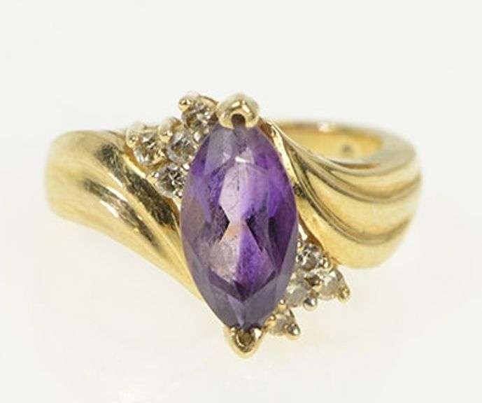 14K Yellow Gold Marquise Amethyst Diamond Cluster Bypass Ring