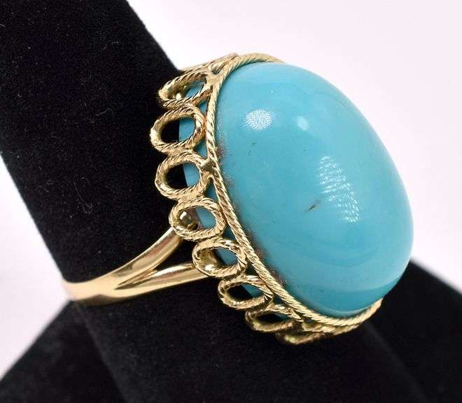 Palatial Turquoise Gem Ring In 14K Yellow Gold