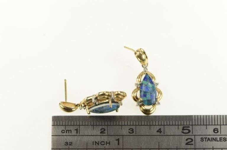 14K Yellow Gold Black Opal Doublet Chip Inlay Diamond Earrings