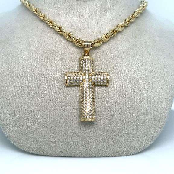 14K YELLOW GOLD CROSS PAVE CUBIC ZIRCONIA STONES