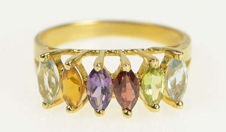 14K Yellow Gold Amethyst Blue Topaz Citrine Peridot Marquise Ring