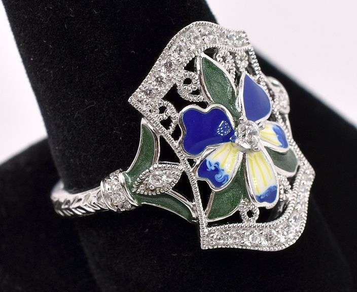 Enamel Flower With CZ Ring In Sterling Silver