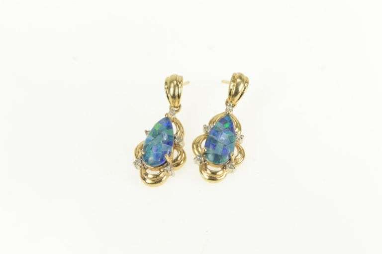 14K Yellow Gold Black Opal Doublet Chip Inlay Diamond Earrings