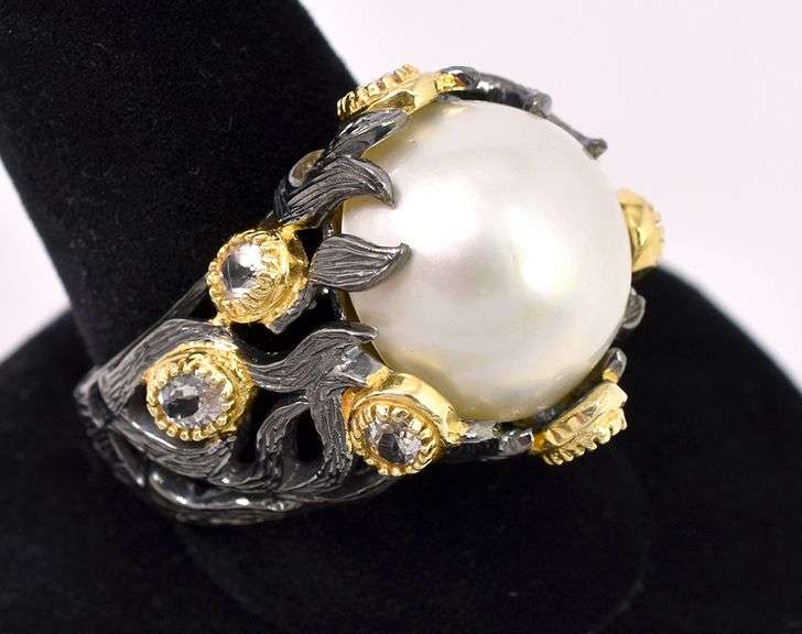 Large Pearl and CZ Ring In Sterling Silver