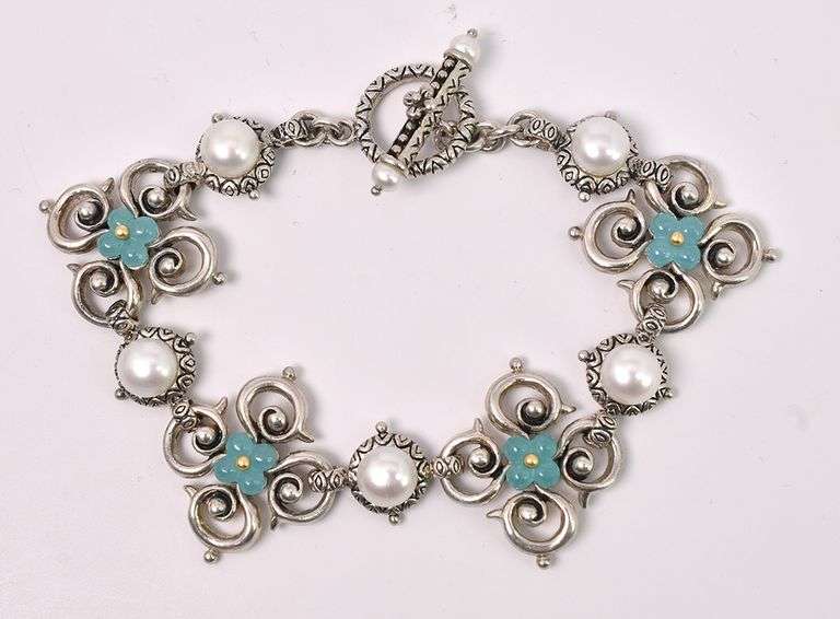 Pearl And Blue Gem Bracelet In Sterling Silver