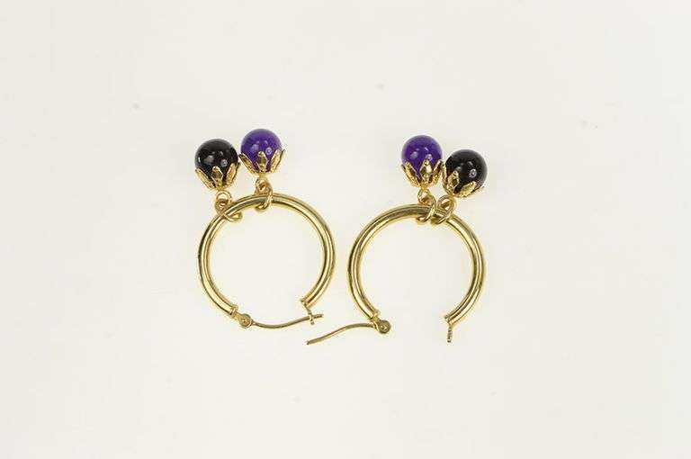 14K Yellow Gold Amethyst Black Onyx Fringe Statement Hoop Earrings