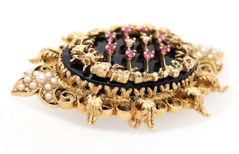 Vintage Black Onyx Ruby Seeded Pearl and 0.06ctw Diamond Brooch Pendant in 14K