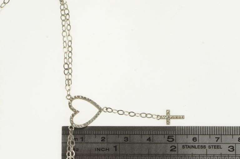 14K White Gold Heart Cross Drop Dangle Christian Chain Necklace