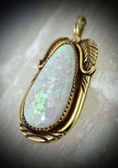 Signed Native American-Style 14K Opal Pendant