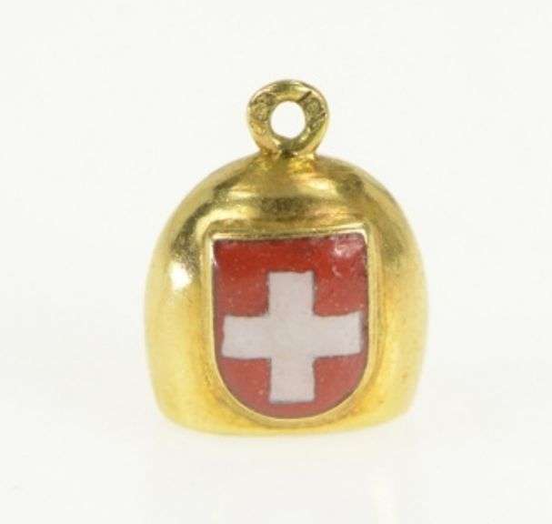 10K Yellow Gold Swiss Cross Enamel 3D Bell Articulated Charm/Pendant