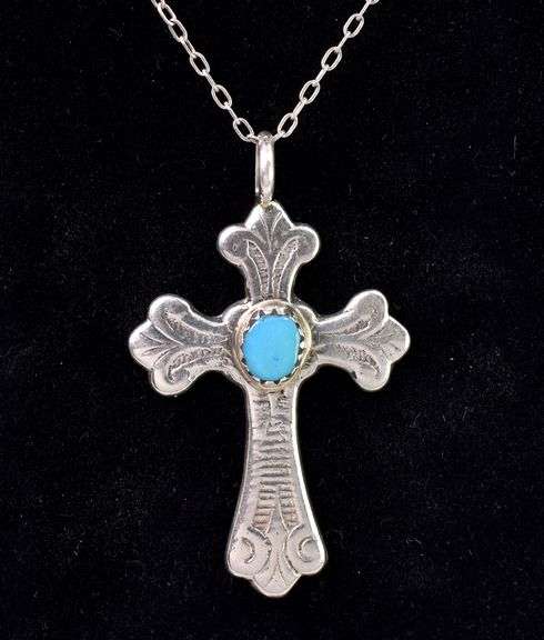 Turquoise Cross Pendant Necklace In Sterling Silver