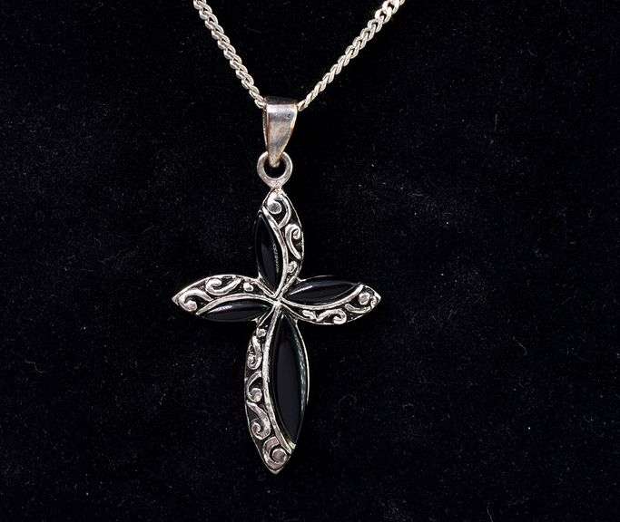 Black Onyx Gem Cross Pendant Necklace In Sterling Silver