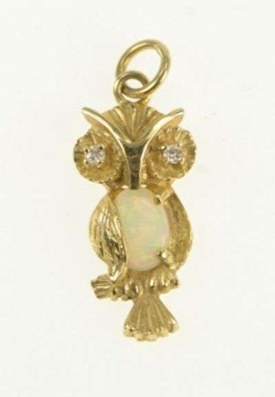 14K Yellow Gold Vintage Opal Diamond Eyed Owl Wisdom Charm/Pendant