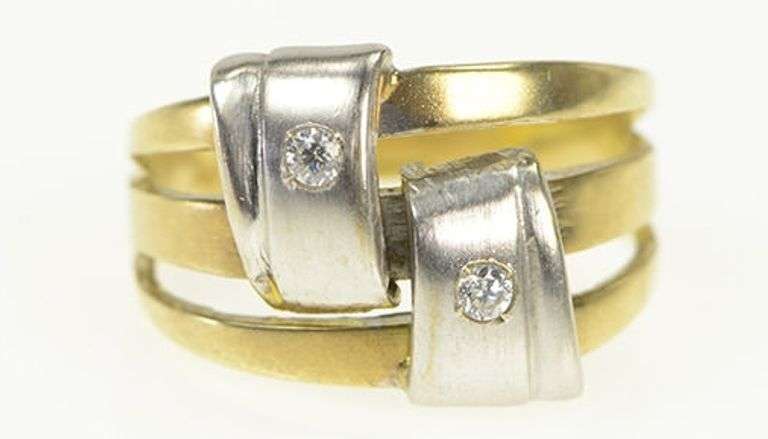 14K Yellow Gold Diamond Two Tone Layered Look Statement Band Ring