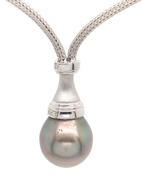 13.50MM Tahitian Pearl and 0.12ctw Diamond Pendant Necklace in 18K