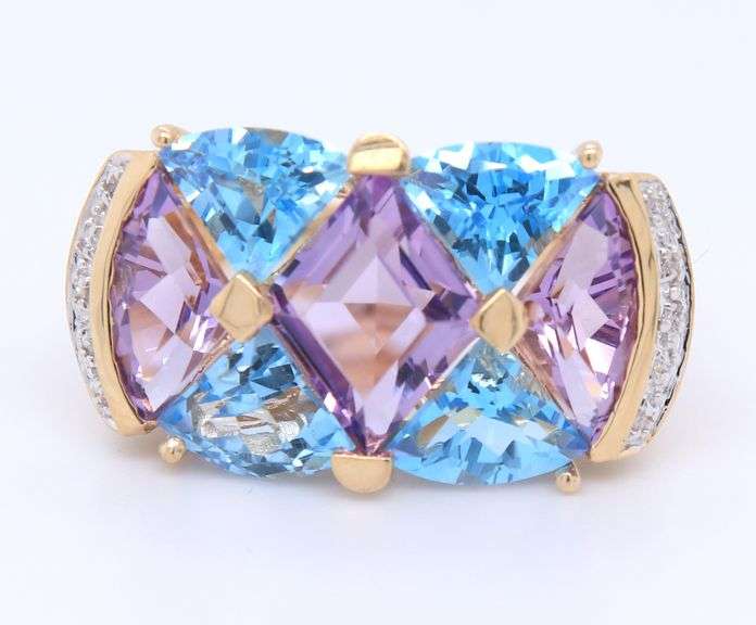 Fantastic Yellow Gold Fancy Cut Blue Topaz, Amethyst and Diamond accent Ring