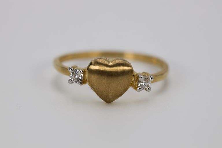 10k Yellow Gold Brushed Puffed Heart White CZ Promise Ring Size 6.25