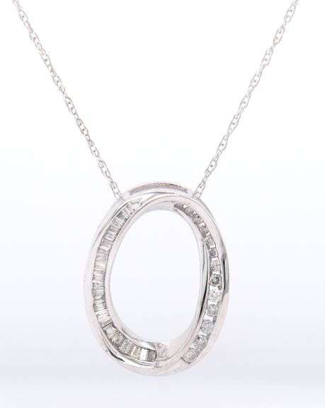 Sparkling White Gold Baguette and Round Diamond oval Pendant on Chain