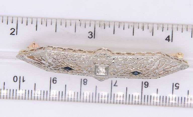 Antique Filagree Diamond and Synthetic Blue Sapphire Brooch