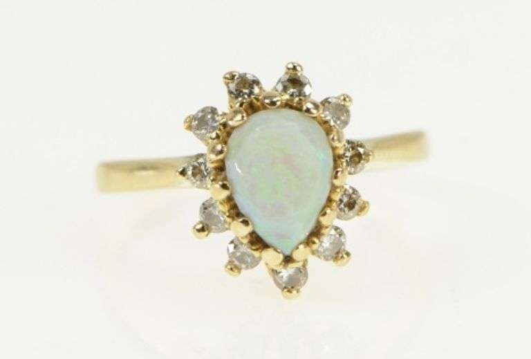 14K Yellow Gold Pearl Opal Diamond Cluster Halo Engagement Ring