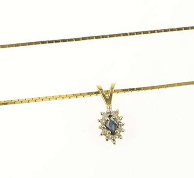 14K Yellow Gold Marquise Sapphire Diamond Halo Square Chain Necklace