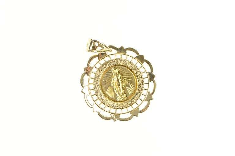 14K Yellow Gold Virgin Mother Mary Ornate Scalloped Pendant