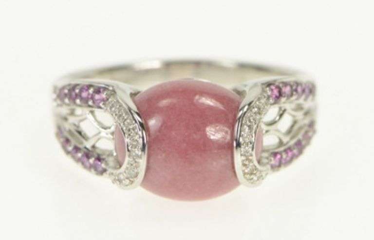 14K White Gold Rhodochrosite Diamond Sapphire Statement Ring