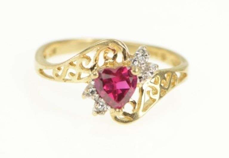 10K Yellow Gold Heart Syn. Ruby Diamond Accent Bypass Ring