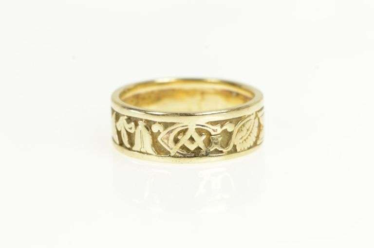 10K Yellow Gold Masonic Symbols Motif 7.5mm Free Mason Men's Ring