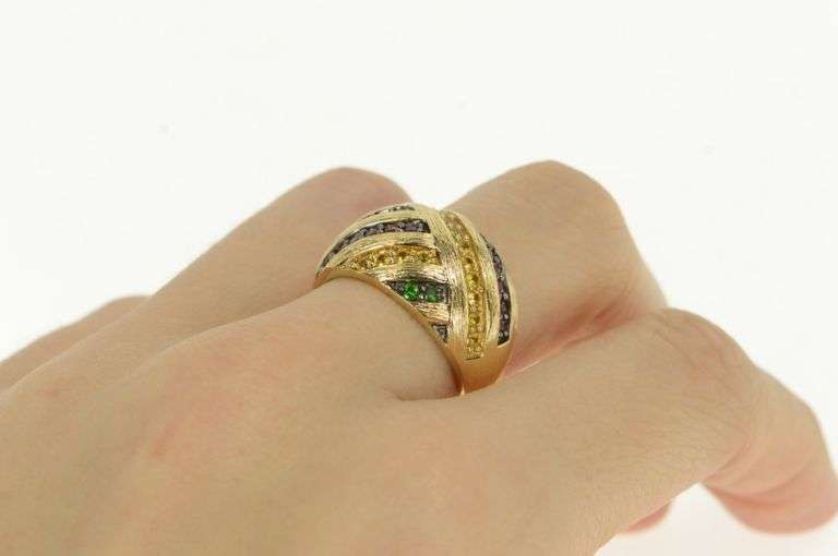 14K Yellow Gold Domed Yellow Pink Blue Sapphire Statement Ring