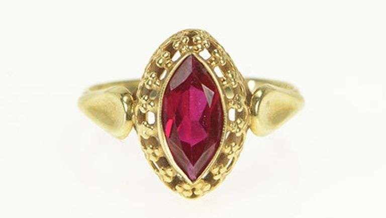 14K Yellow Gold Marquise Syn. Ruby Ornate Filigree Cocktail Ring