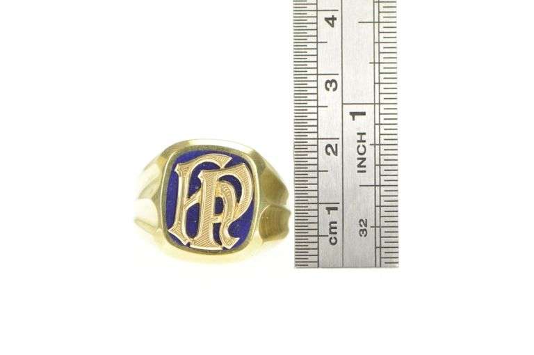14K Yellow Gold Art Nouveau H P Monogram Initial Lapis Men's Ring