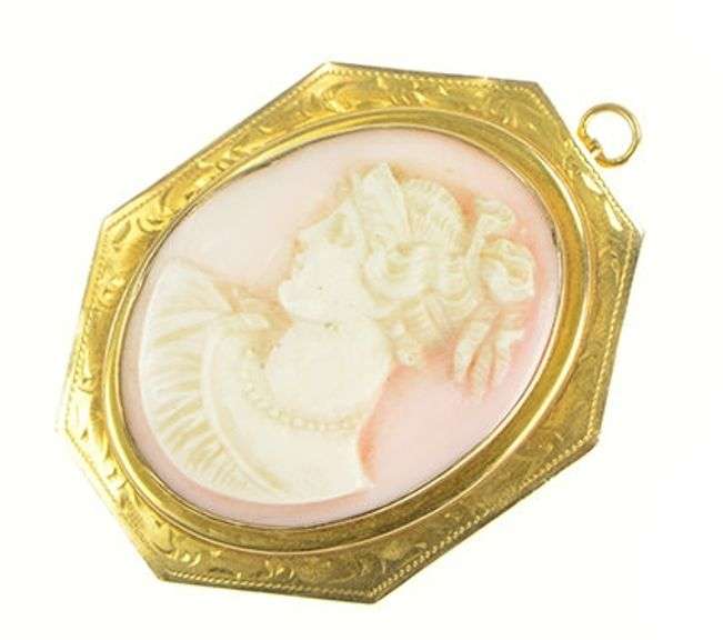 10K Yellow Gold Victorian Ornate Carved Shell Cameo Lady Pendant/Pin