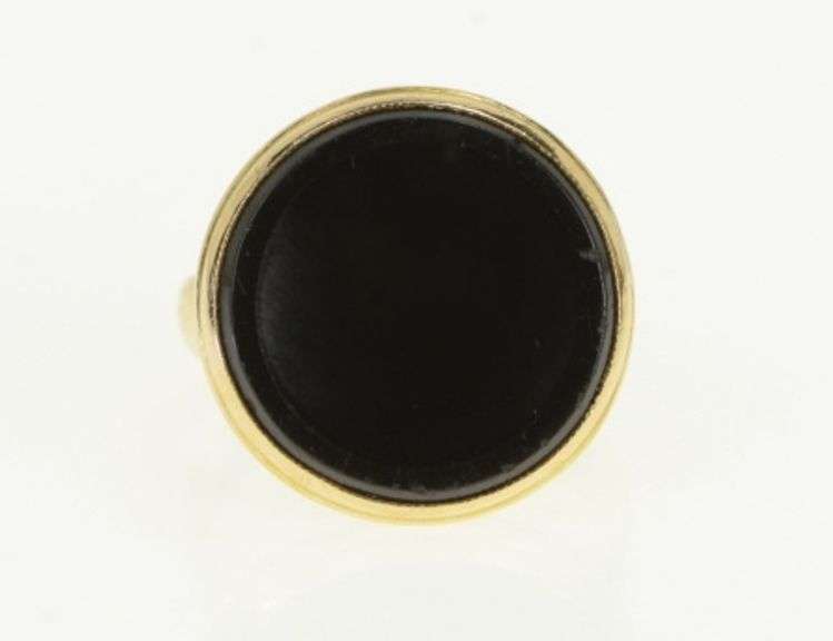 14K Yellow Gold Round Black Onyx 1960's Unique Cocktail Ring