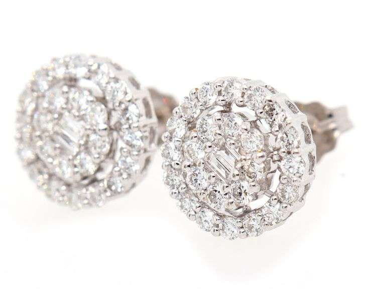 1.00ctw Baguette and Round Diamond Double Halo Stud Earrings in 14K