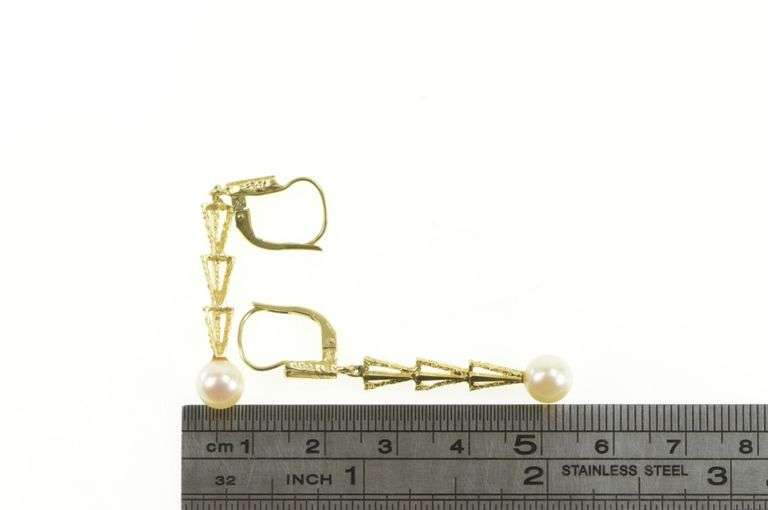 14K Yellow Gold Geometric Tiered Pearl Dangle Drop Earrings