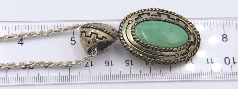 Vintage Sterling Silver Signed Turquoise Pendant on Italian Rope Chain Necklace