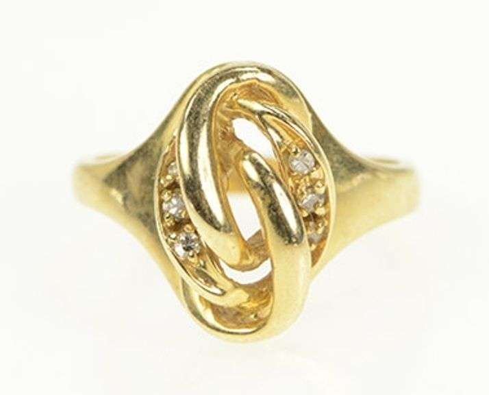 14K Yellow Gold Retro Diamond Swirl Twist Vintage Statement Ring