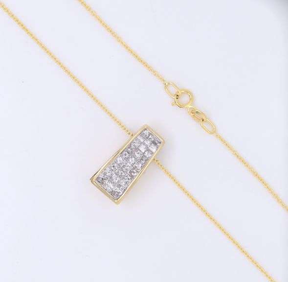 Incredible Yellow Gold Triple Row Princess Cut Diamond Pendant on Chain